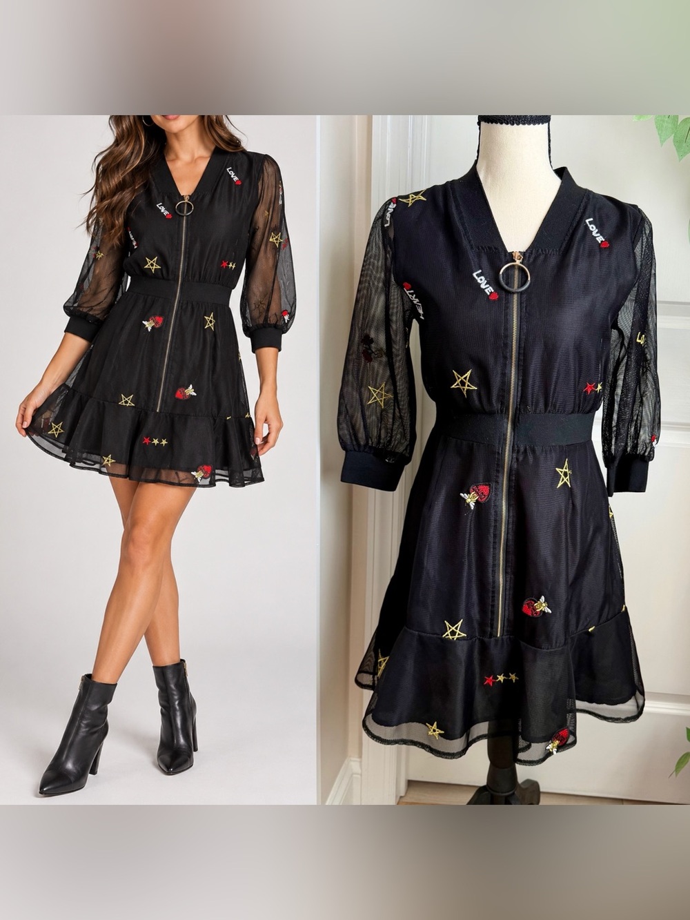 Embroidered Mesh Zip Front Hearts Stars Fit & Flare Flounce Dress Black Sz S